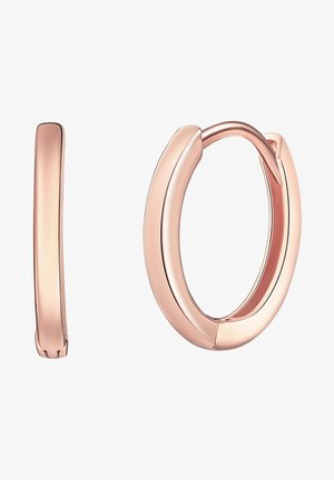 Rose gold hoop earrings with a smooth, rounded design. Features a sleek profile and a polished finish, highlighting their modern look.