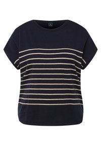 Námořnický top s krátkým rukávem s krémovými horizontálními pruhy. Měkká tkanina s volným střihem a zaobleným výstřihem. Bez viditelného kování nebo vzorů.