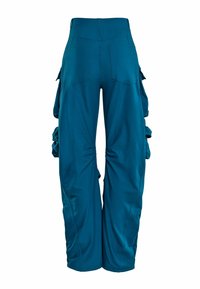 Pantaloni cargo color teal con una cintura elastica, tasche laterali e dettagli arricciati lungo le cuciture esterne. Realizzati in un tessuto morbido e elasticizzato.