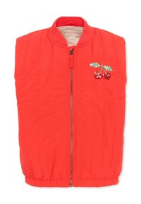 Felrode gewatteerde bodywarmer met een ritssluiting aan de voorkant en paillettenborduursel van een kers op de linkerborst, elastische zoom en geribde kraag.