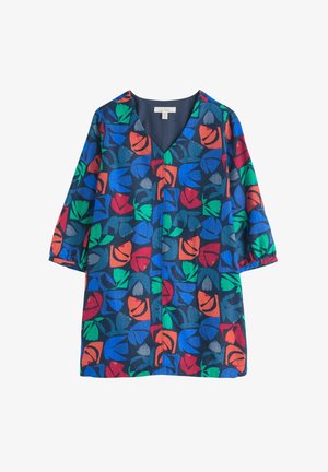 Kurzärmliges, V-Ausschnitt-Kleid aus dunkelblauem Stoff mit einem auffälligen Blumenmuster in Rot, Grün, Orange und Blau. Leichtes und texturiertes Design.