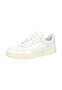 Sneaker bianco in pelle con punta perforata, dettagli cuciti e suola testurizzata. Presenta lacci bianchi e un colletto imbottito per il massimo comfort.