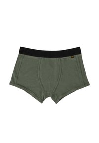 Green cotton boxer shorts with a black elastic waistband, featuring stitching details and a small logo tag on the waistband.