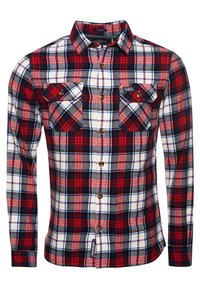 Rød, marineblå og hvid ternet flannel skjorte med lange ærmer. Har knaplukning foran, to brystlommer og branding på etiketten.