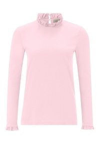 Lange mouwen roze top van zachte katoen, met een gerimpelde kraag en manchetten, en een keyhole-halslijn detail. Zachte textuur overal.