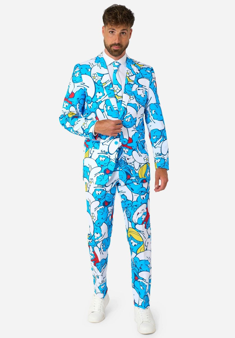 Blue and white suit featuring a cartoon character print, with a tailored fit and matching tie. Smooth fabric and modern silhouette.