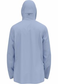 Light blue waterproof jacket with a hood, featuring a smooth texture, long sleeves, and a simple design without visible hardware or patterns.