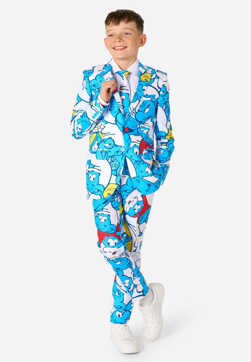 Blauw en wit pak met kleurrijke cartoonfiguren, voorzien van een bijpassende stropdas en overhemd. Glad materiaal, op maat gemaakte pasvorm en onderscheidende patronen.