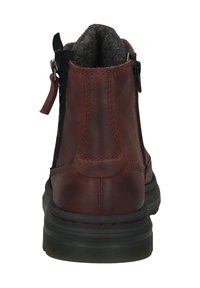 Brown leather ankle boot with a textured black panel, side zipper closure, and a gray felt lining; features a black rubber sole and red stitching.