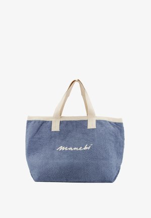 Borsa shopper in spugna blu con manici e bordatura beige, con ricamo bianco del logo "manebi" sul davanti.