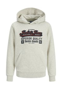 Haut à capuche gris clair en matériau doux, doté d'une poche avant, d'une capuche à cordon de serrage et d'un graphique imprimé en texte bleu foncé et rouge.