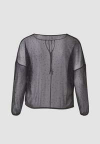 Transparenter schwarzer Oberteil mit langen Ärmeln, kleinen funkelnden Punktemustern, rundem Ausschnitt und einer Schleife auf der Rückseite.