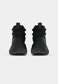 Black high-top hiking shoes with a textured fabric upper, rubber sole, and secure lace system. Features a reinforced toe and a pull tab.