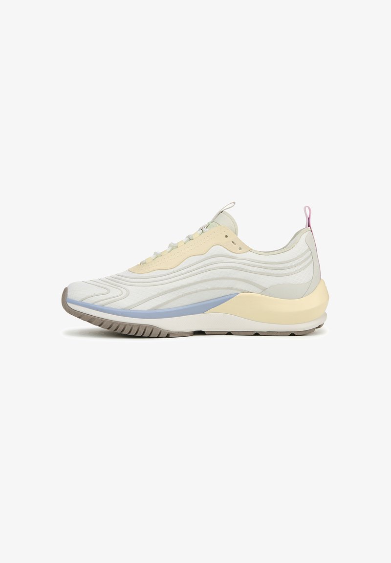Lightweight sneaker with a textured white upper, soft yellow and pale blue accents, and a flexible rubber sole. Lace-up design with pull tab.