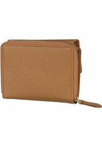 Portafoglio in pelle color tan con superficie texture, chiusura con zipper e una piccola etichetta in pelle. Presenta una forma rettangolare compatta.