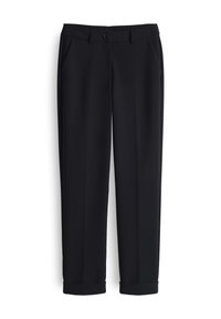 Pantalons noirs à coupe droite, avec des poches avant et une fermeture à un bouton. Tissu lisse avec un léger éclat et ourlets roulés.