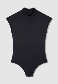 Czarny bodysuit z wysokim kołnierzem, krótkimi rękawkami, gładką fakturą i dopasowanym krojem, z wycięciem w stylu thong na dole.