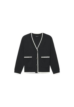 Cardigan nero con bottoni e rifinitura bianca lungo lo scollo, i bordi anteriori, la parte superiore delle tasche, i polsini e l'orlo.