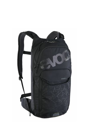 Black backpack with a geometric pattern, constructed from durable fabric, featuring padded shoulder straps and multiple zippered compartments.