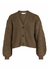 Brun stickad cardigan med V-ringning, tre svarta knappar framtill och kabelstickad mönster på voluminösa l ångärmar.