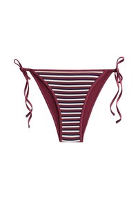 Bikinibund med mørkerøde sider og et stribet midterstykke i lilla, creme og blå, med justerbare bånd for en tilpasset pasform.