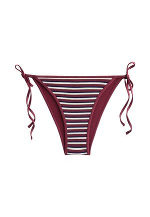 Bikini alsó bordó oldalakkal és csíkozott középső résszel lila, krémszínű és kék színekben, állítható megkötőkkel a testreszabott illeszkedésért.