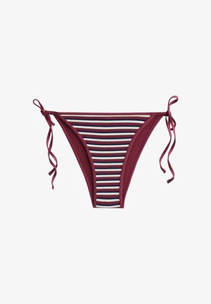 Spodný diel bikín s bordovými bokmi a pruhovaným stredom v fialovej, krémovej a modrej farbe, s nastaviteľnými šnúrkami pre prispôsobenie veľkosti.