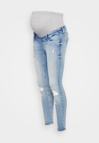 Maternity jeans in light blue denim with a gray jersey bump panel. Features skinny fit and distressed accents with visible rips.