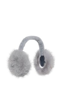 Sivé umelé kožušinové chrániče uší s mäkkou hlavovou páskou, vybavené guľatými, nadýchanými krytmi na uši a kontrastnou vnútornou textúrou.