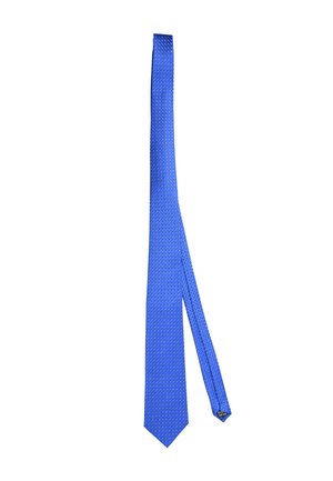 Cravatta blu con un motivo testurizzato a pois. La cravatta ha un'estremità appuntita e una finitura liscia, offrendo un design elegante.