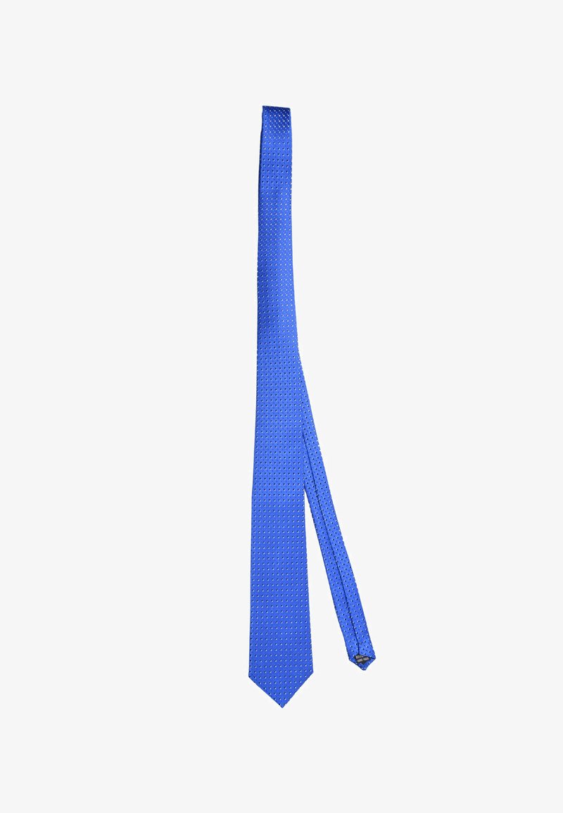 Cravatta blu con un motivo testurizzato a pois. La cravatta ha un'estremità appuntita e una finitura liscia, offrendo un design elegante.