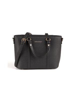 Borsa a mano in sintetico nero con superficie texturizzata, manici doppi e tracolla removibile. Caratterizzata da accessori in tonalità oro e branding.