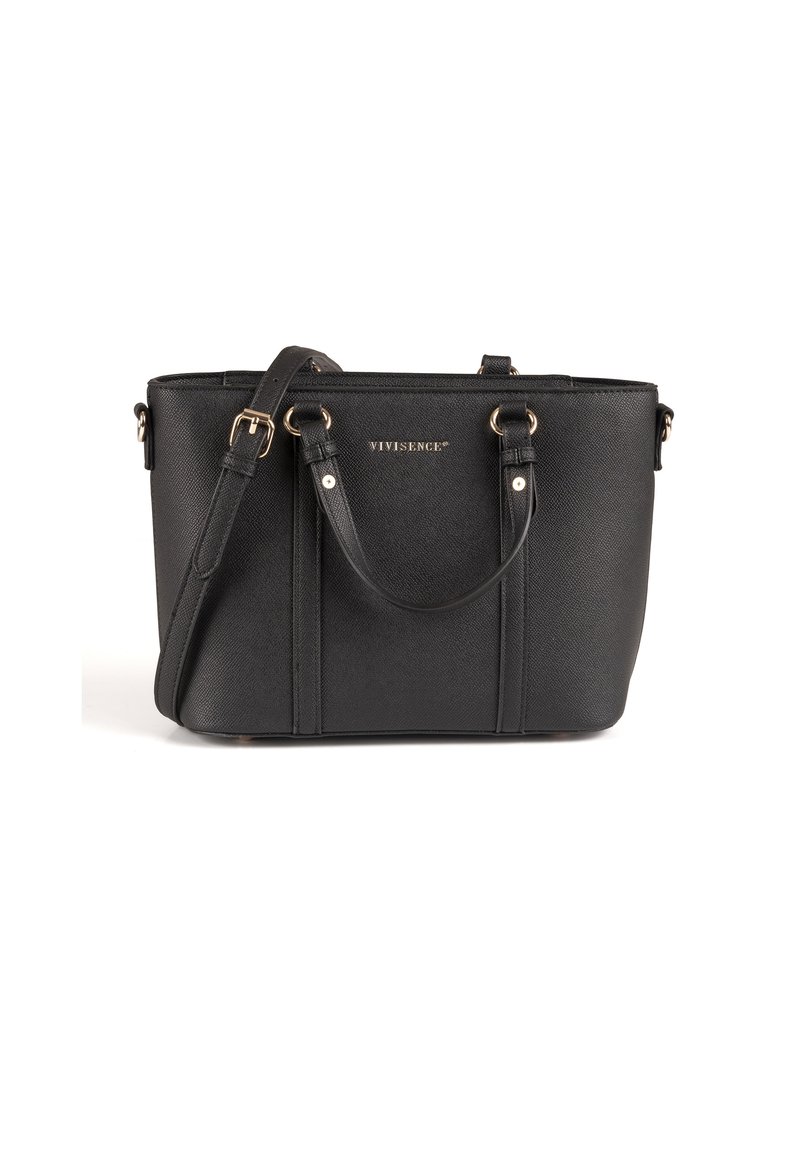 Borsa a mano in sintetico nero con superficie texturizzata, manici doppi e tracolla removibile. Caratterizzata da accessori in tonalità oro e branding.