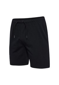 Zwarte sportshorts van zacht materiaal, met een elastische tailleband met trekkoorden en een subtiele logo-opdruk aan de zijkant.
