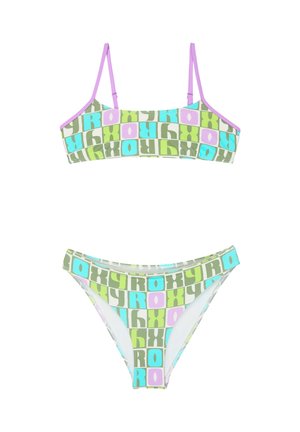 Bikini de dos piezas con patrones de bloques multicolores en verde, azul y púrpura, con texto "ROXY" y tirantes delgados de color lila.