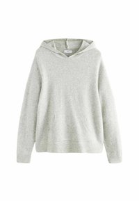 Gray knit hoodie featuring a front pocket, adjustable drawstring, and ribbed cuffs. Soft texture with a relaxed fit and minimalist design.