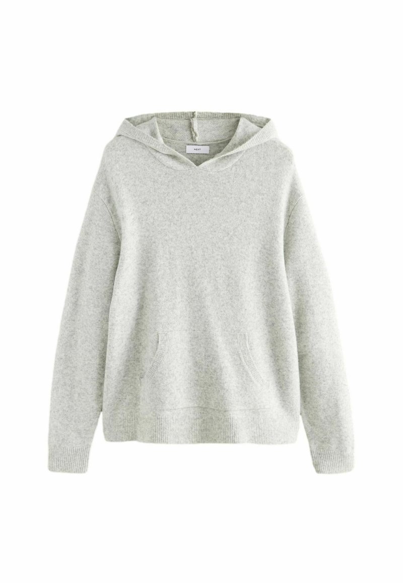 Gray knit hoodie featuring a front pocket, adjustable drawstring, and ribbed cuffs. Soft texture with a relaxed fit and minimalist design.