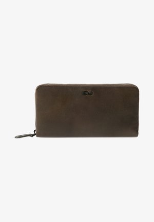 Brown leather wallet with a zip closure, smooth texture, rectangular shape, and a minimalist logo detail on the front.