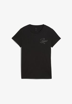 Czarna bawełniana koszulka z krótkim rękawem, okrągłym dekoltem i białym, haftowanym logo "Puma" na lewej piersi. Gładka faktura, klasyczny krój.