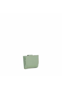 Portafoglio verde in pelle con superficie liscia, forma rettangolare e design piatto. Presenta cuciture minime e una chiusura a ribalta.
