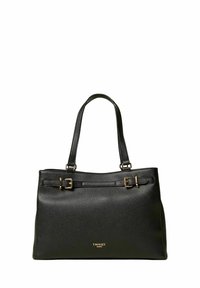 Borsa tote in pelle nera con doppio manico, fibbie in metallo tono oro e superficie testurizzata; presenta logo in rilievo sul davanti.