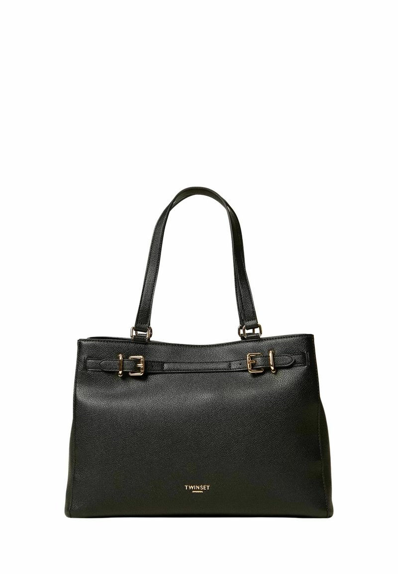 Borsa tote in pelle nera con doppio manico, fibbie in metallo tono oro e superficie testurizzata; presenta logo in rilievo sul davanti.