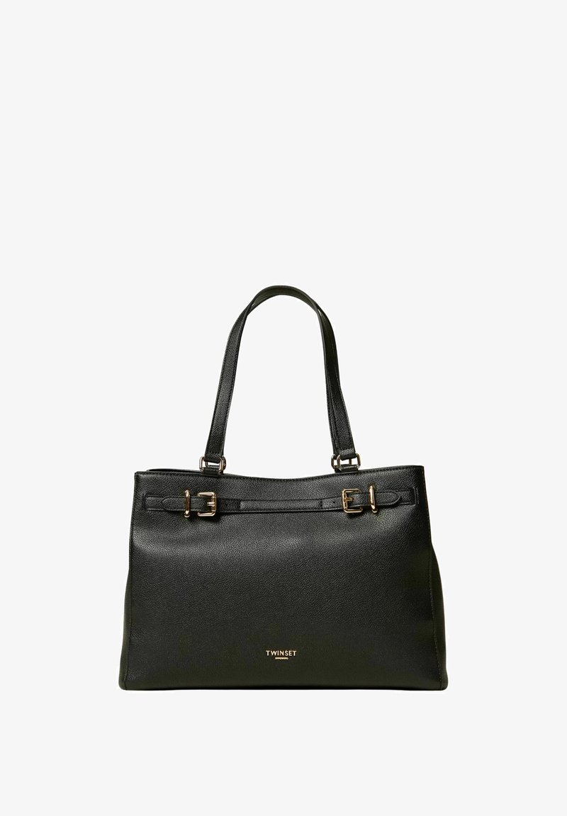 Borsa tote in pelle nera con doppio manico, fibbie in metallo tono oro e superficie testurizzata; presenta logo in rilievo sul davanti.