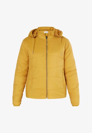 Gelbe gepolsterte Jacke mit Reißverschluss vorne, Kapuze und Kordelzügen. Verfügt über gesteppte Paneele und weiche Textur. Geeignet für kaltes Wetter.