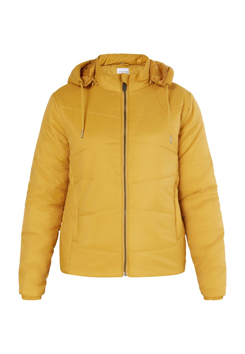Gelbe gepolsterte Jacke mit Reißverschluss vorne, Kapuze und Kordelzügen. Verfügt über gesteppte Paneele und weiche Textur. Geeignet für kaltes Wetter.