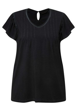 Černý top s krátkým rukávem a výstřihem do V, s plisovanými detaily a otvorem na zádech ve tvaru klíče. Vyrobeno z měkké látky s hladkou texturou.