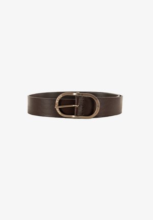 Ceinture en cuir brun au design large, dotée d'une grande boucle en métal ovale avec une finition brossée. Texture lisse avec des détails de couture minimalistes.