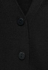 Black knitted sweater featuring a V-neckline and two black buttons as closure, highlighting ribbed texture and even stitching.