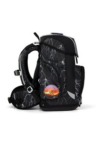 Black backpack with lightning bolt pattern, padded straps, front zipper pocket, and a circular badge featuring a sunset and silhouette design.