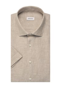 Beige linnen overhemd met korte mouwen en een klassieke kraag, voorzien van vijf knopen, een rechte zoom en een textuur met een licht kreukelig effect.